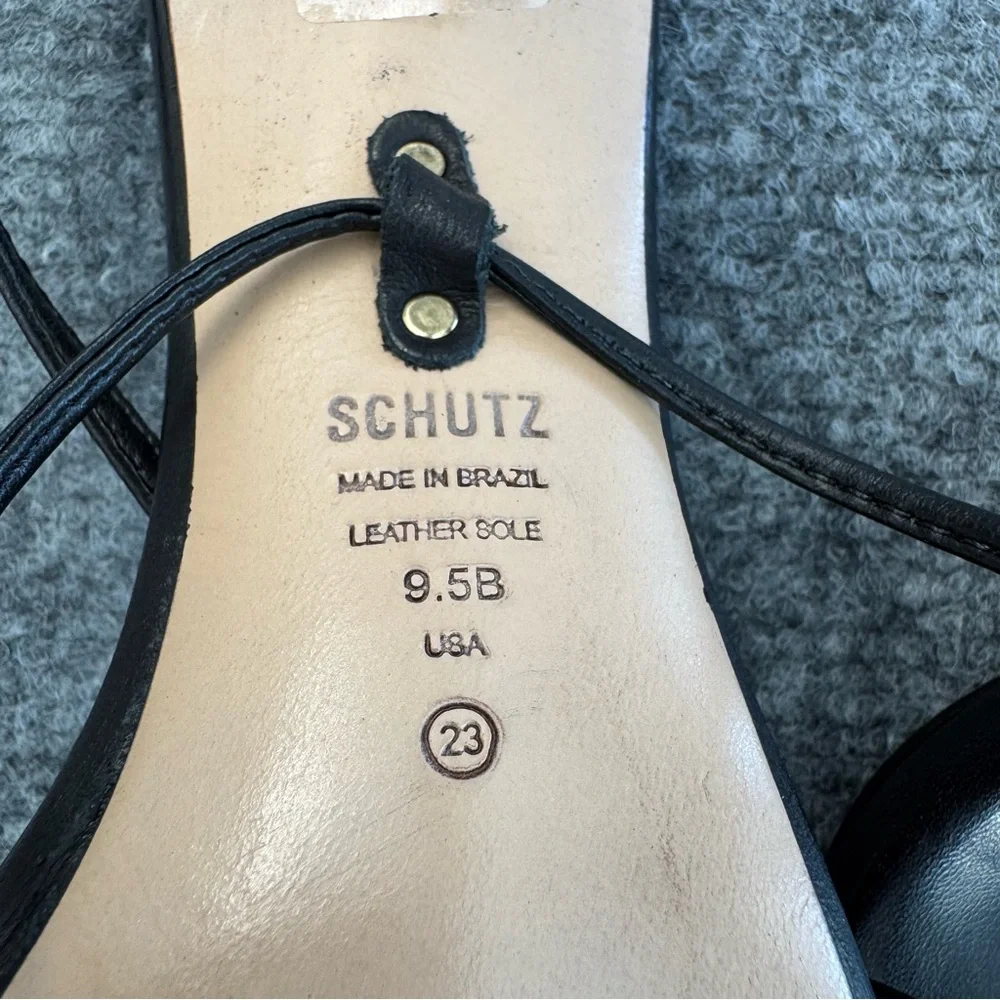 Schutz Vikki Black Leather Strappy Stiletto Thong Sandals Gold Accent 9.5 NEW